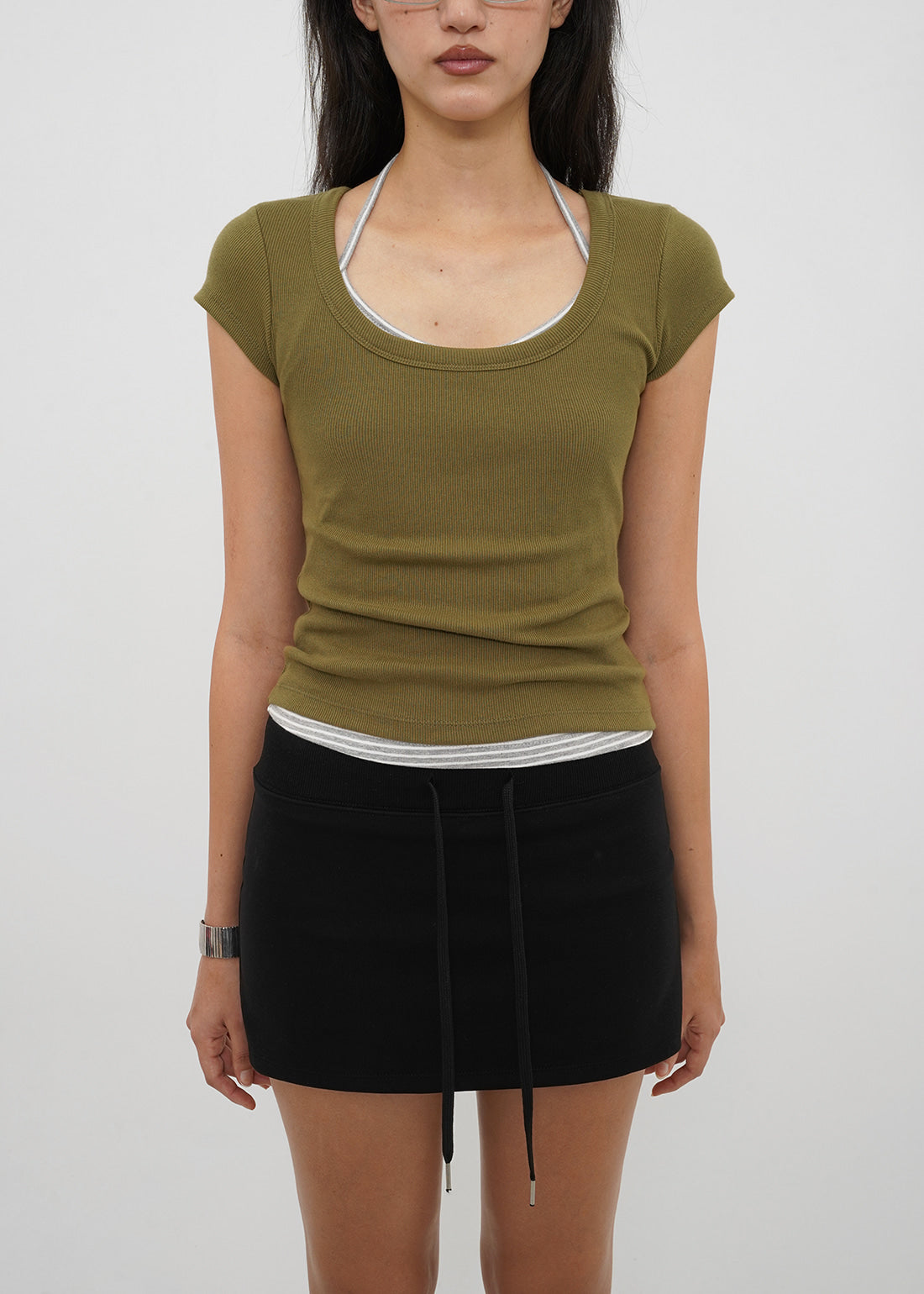 BASIC RIBBED WIDE U-NECK CAP SLEEVE SHORT SLEEVE TEE 14