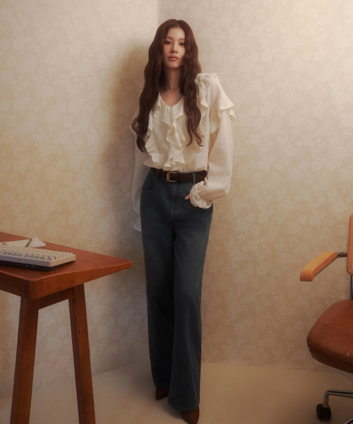 WOMAN WIDE CURVED DENIM PANTS #SANA同款！ - 2 COLORS BLUE
