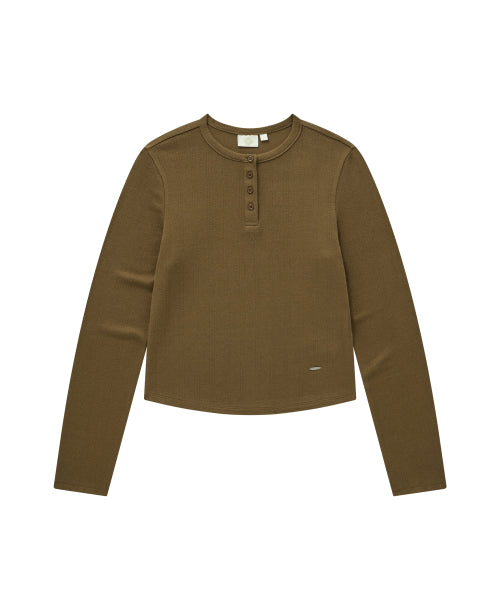 WOMAN HENLEY EYELET LONG SLEEVE #SANA同款！ - 2 COLORS BROWN
