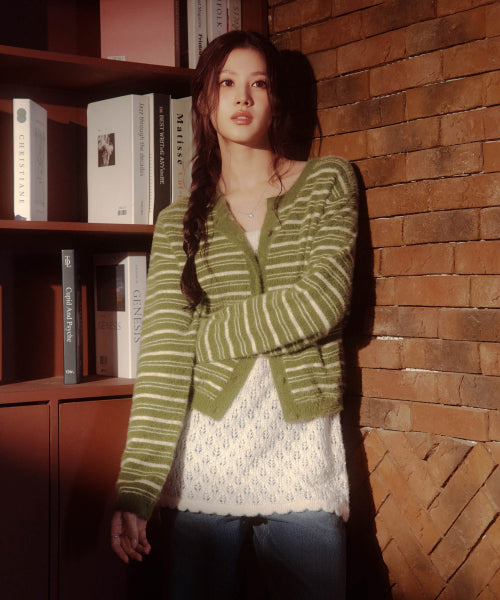 WOMAN STRIPE HAIRY CARDIGAN #SANA同款！ - 2 COLORS OLIVE