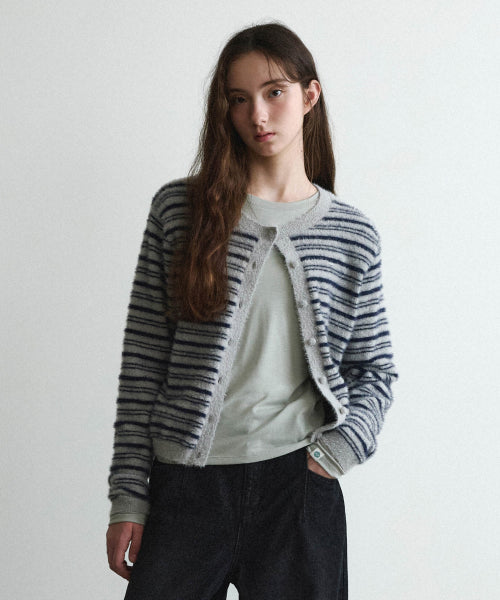 WOMAN STRIPE HAIRY CARDIGAN #SANA同款！ - 2 COLORS GREY