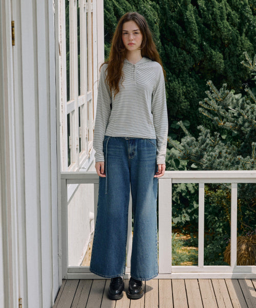 WOMAN WIDE BELTED DENIM PANTS #SANA同款！ - 2 COLORS BLUE