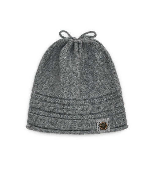 BUTTON CABLE KNIT STRING BEANIE - 3 COLORS MELANGE GREY