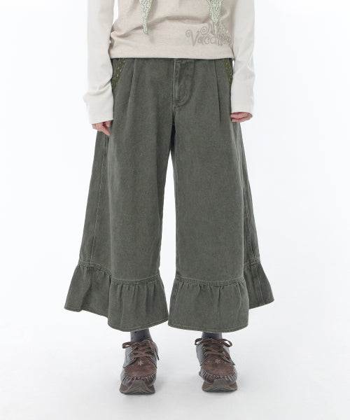 WASHED RUFFLE CAPRI PANTS - 2 COLORS KHAKI