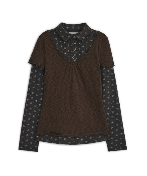 FLOWER SHIRT LAYERED TOP - 2 COLORS BROWN
