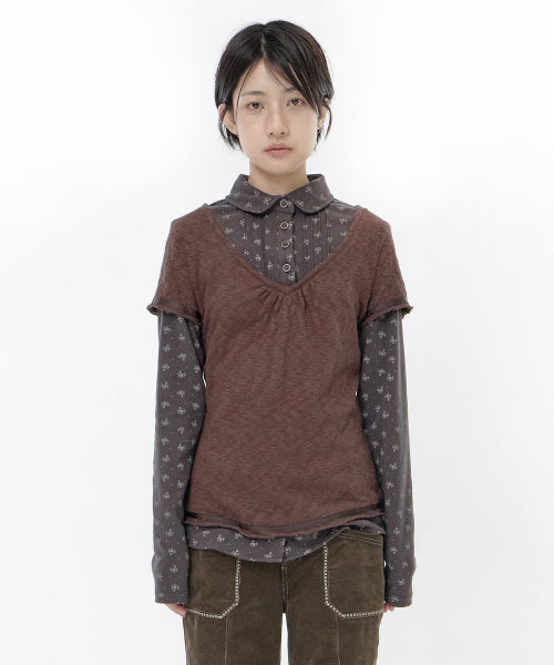 FLOWER SHIRT LAYERED TOP - 2 COLORS BROWN