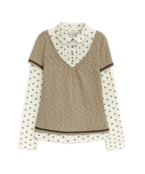 FLOWER SHIRT LAYERED TOP - 2 COLORS BEIGE