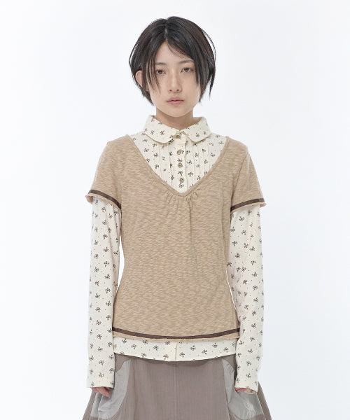 FLOWER SHIRT LAYERED TOP - 2 COLORS BEIGE