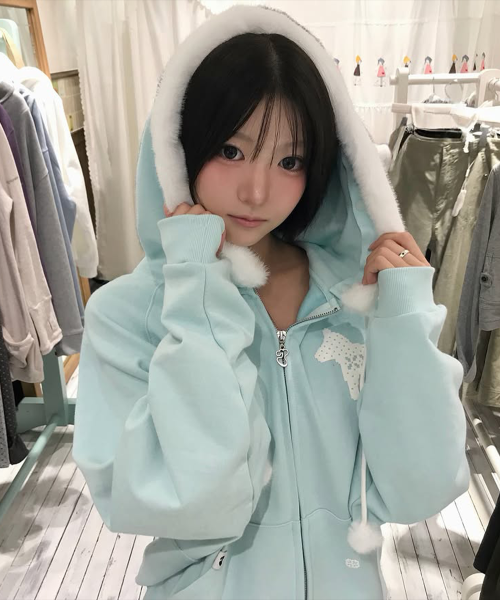 PIXEL FUR HOODED ZIP-UP - 2 COLORS MINT