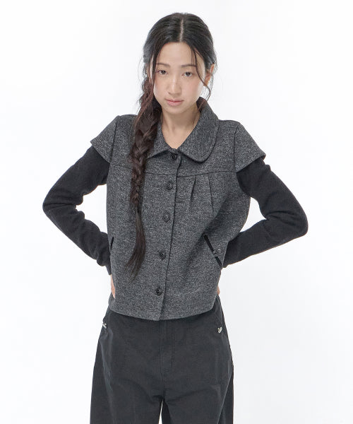 COLLAR SHIRRING KNIT JACKET - 2 COLORS CHARCOAL