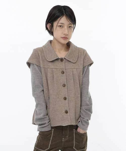 COLLAR SHIRRING KNIT JACKET - 2 COLORS BEIGE
