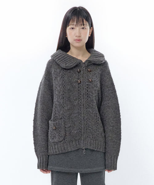 OBLIQUE COLLAR KNIT ZIP-UP - 2 COLORS CHARCOAL