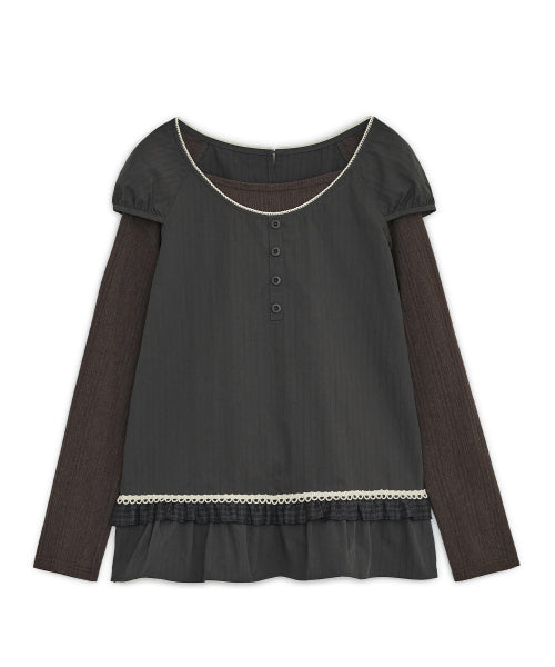 FRILL CHECK LAYERED TOP - 2 COLORS CHARCOAL