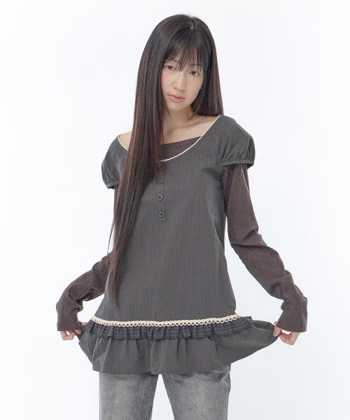 FRILL CHECK LAYERED TOP - 2 COLORS CHARCOAL