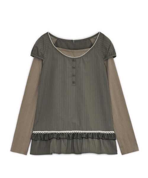 FRILL CHECK LAYERED TOP - 2 COLORS KHAKI