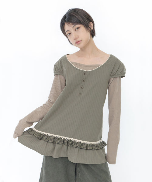 FRILL CHECK LAYERED TOP - 2 COLORS KHAKI
