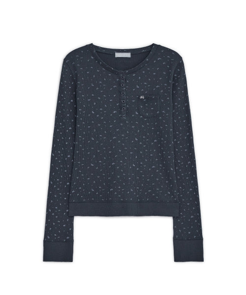 FLOWER HENLEY NECK LONG SLEEVE TEE - 2 COLORS NAVY