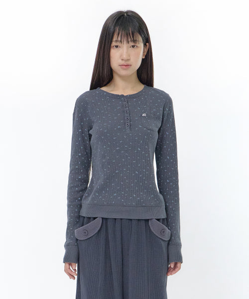 FLOWER HENLEY NECK LONG SLEEVE TEE - 2 COLORS NAVY