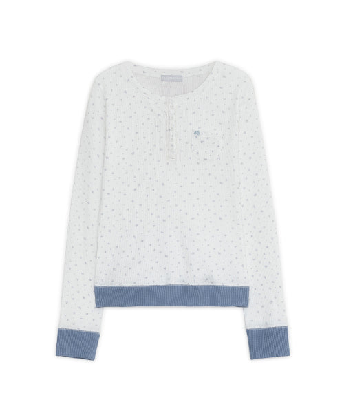 FLOWER HENLEY NECK LONG SLEEVE TEE - 2 COLORS WHITE
