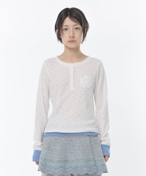 FLOWER HENLEY NECK LONG SLEEVE TEE - 2 COLORS WHITE