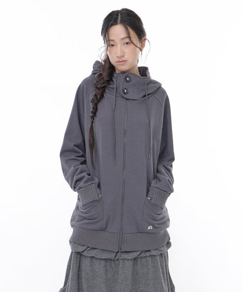 HIGH NECK LOOSE HOOD ZIP-UP - 2 COLORS CHARCOAL