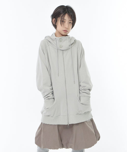 HIGH NECK LOOSE HOOD ZIP-UP - 2 COLORS GREY