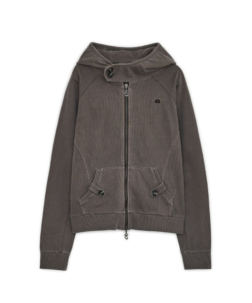 WASHED HIGH NECK HOOD ZIP-UP - 2 COLORS BROWN