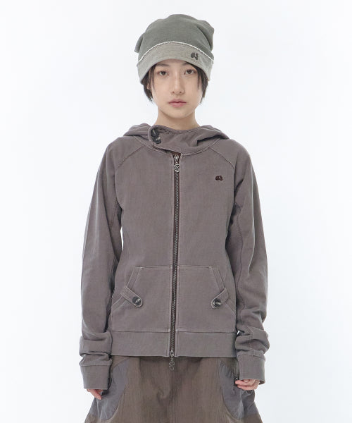 WASHED HIGH NECK HOOD ZIP-UP - 2 COLORS BROWN