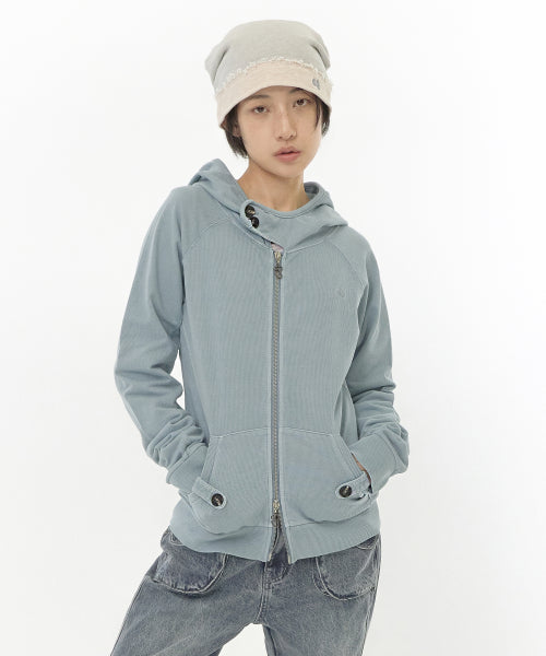 WASHED HIGH NECK HOOD ZIP-UP - 2 COLORS BLUE