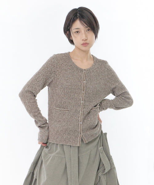 TRIM POINTELLE KNIT CARDIGAN - 2 COLORS BROWN