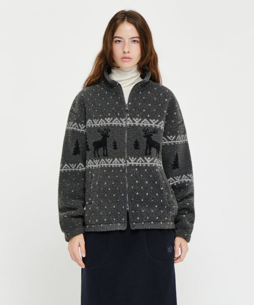 HIGH NECK PATTERN FLEECE JACKET - 3 COLORS GREY