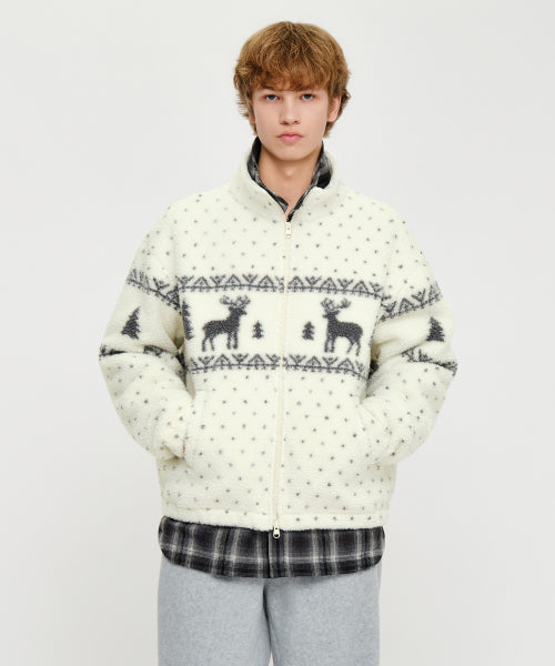 HIGH NECK PATTERN FLEECE JACKET - 3 COLORS IVORY