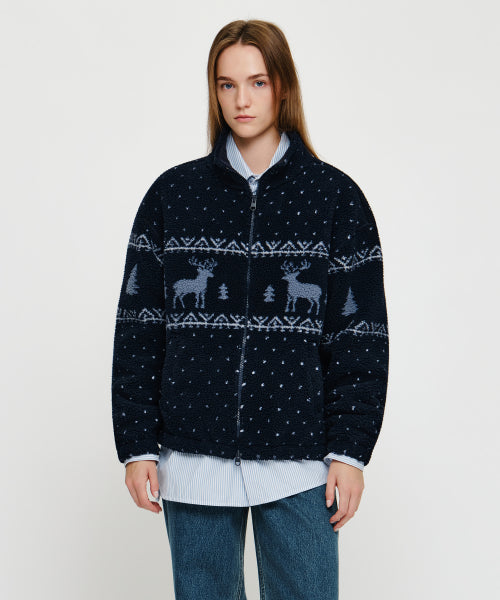 HIGH NECK PATTERN FLEECE JACKET - 3 COLORS NAVY