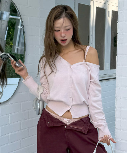 ONE OFF SHOULDER LACE CARDIGAN - 3 COLORS PINK