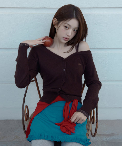 ONE OFF SHOULDER LACE CARDIGAN - 3 COLORS BROWN
