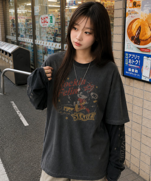 STAR CAT LAYERED PIGMENT LONG SLEEVE - 2 COLORS BLACK