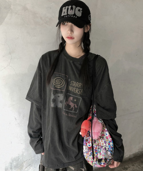 UNI STAR LAYERED PIGMENT LONG SLEEVE - 2 COLORS BLACK