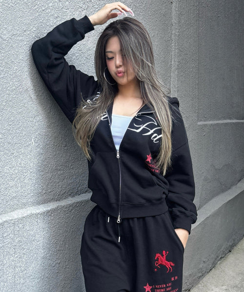 HOODHOOD X HOODGIRLS 88 BACK GRAPHIC STAR HOOD ZIP UP - 2 COLORS BLACK