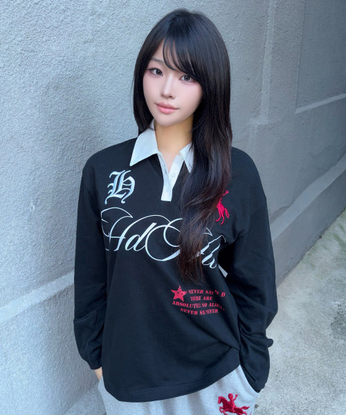 HOODHOOD X HOODGIRLS RUGBY POLO SHIRT LONG SLEEVE - 2 COLORS BLACK