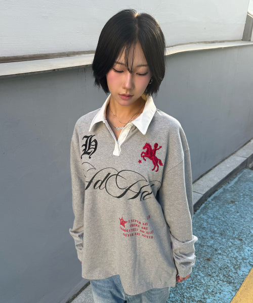 HOODHOOD X HOODGIRLS RUGBY POLO SHIRT LONG SLEEVE - 2 COLORS MELANGE GREY
