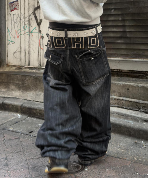 BACK LOGO APPLIQUE WASHED DENIM PANTS - 2 COLORS BLACK