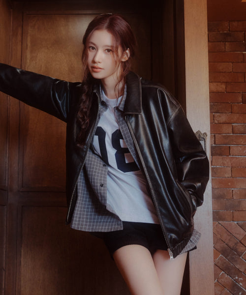 WASHED SYNTHETIC LEATHER JACKET #SANA同款！ BLACK