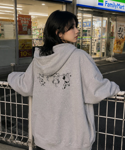 HANGING CATS EMBROIDERY HOODIE - 2 COLORS GREY