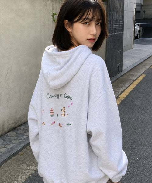 CHERRY CAKE EMBROIDERY HOODIE - 2 COLORS MELANGE WHITE