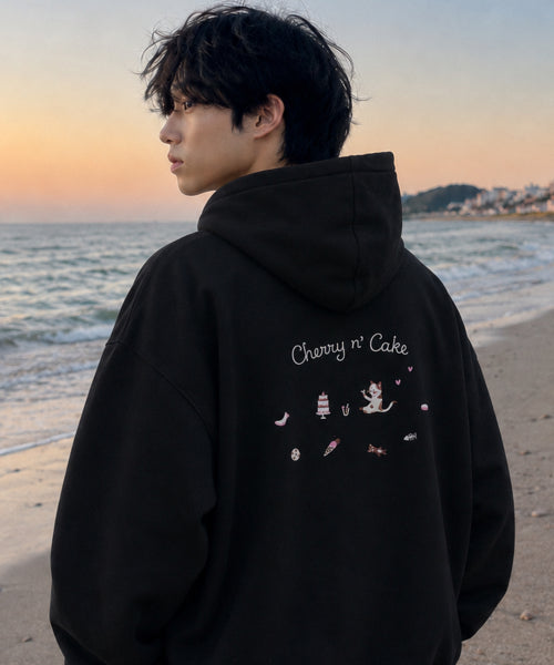 CHERRY CAKE EMBROIDERY HOODIE - 2 COLORS BLACK