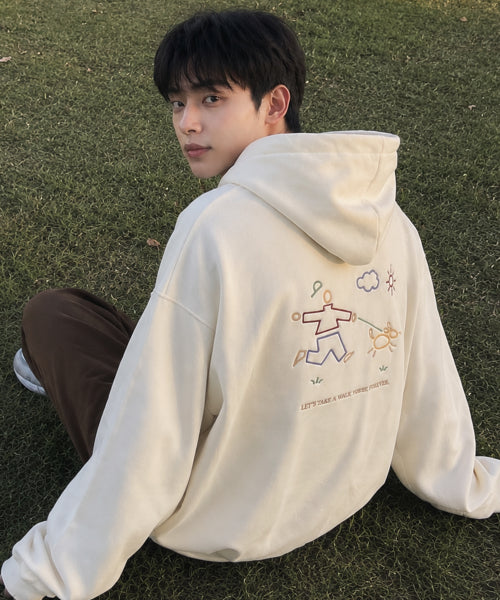 LINE WORK EMBROIDERY HOODIE ZIP-UP - 3 COLORS CREAM