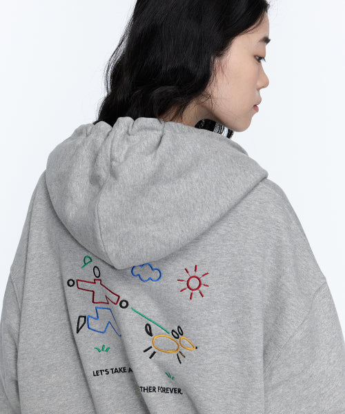 LINE WORK EMBROIDERY HOODIE ZIP-UP - 3 COLORS GREY