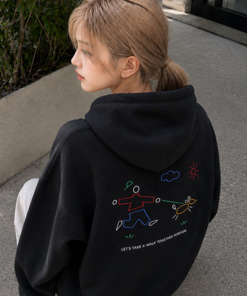 LINE WORK EMBROIDERY HOODIE ZIP-UP - 3 COLORS BLACK