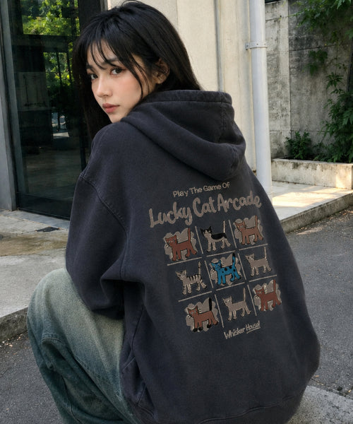 2-WAY ARCADE CAT PIGMENT HOODIE ZIP-UP SMOKE BLACK