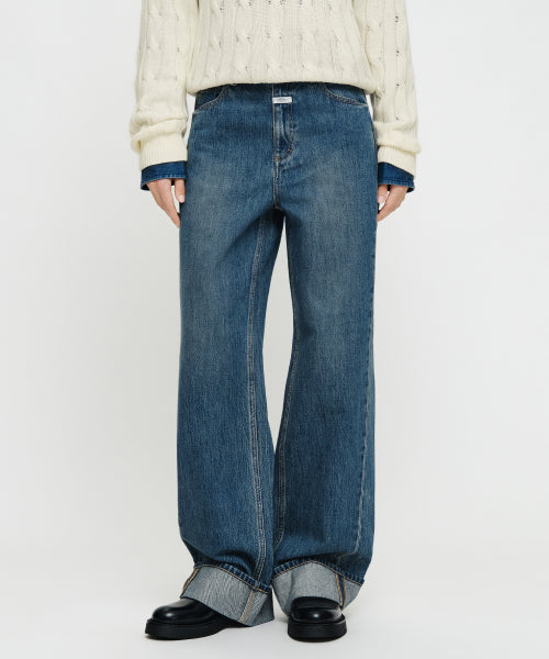 W SEMI WIDE TURN UP DENIM PANTS - 2 COLORS BLUE